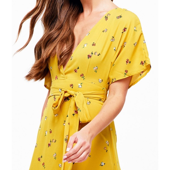Yellow Plunging V Neck Floral Faux Wrap Maxi Dress - Picture 3 of 8